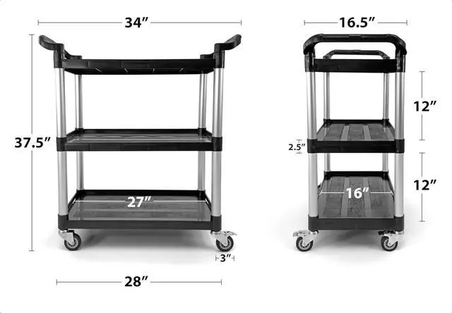 Alt view image 2 of 6 - Commercial 3-Shelf Rolling Service Utility C | Caity 390 lbs. | 37" x 34" x 16" | Black