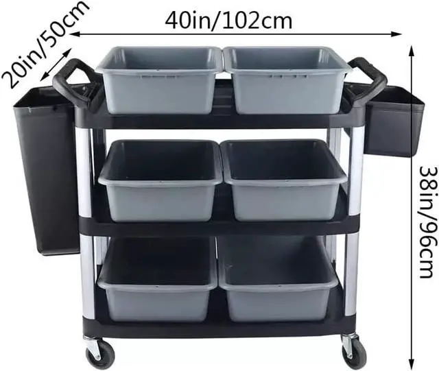 Alt view image 3 of 6 - Storage C 3 Tier Heavy Duty Commercial Grade Utility C,Dish C for Restaurant,Multi-Function Mobile Shelving Unit Organizer for Hotel,Restaurant,Kitchen,Laundry Room with 6 Basin 2 Barrels