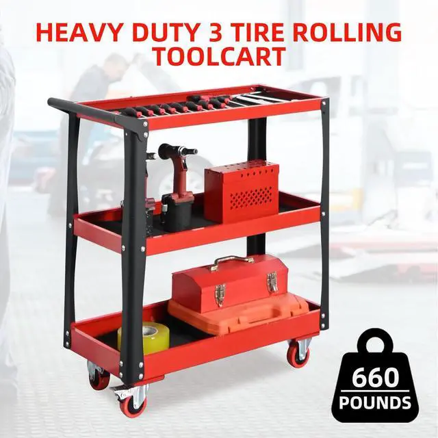 Alt view image 2 of 7 - 3 Tier Tool Cart with Wheels, Heavy-Duty Steel Utility Rolling Cart, 660 lbs Loading Capacity for Workshop, Garage, Warehouse, Repair Shop
