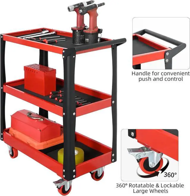 Alt view image 4 of 7 - 3 Tier Tool Cart with Wheels, Heavy-Duty Steel Utility Rolling Cart, 660 lbs Loading Capacity for Workshop, Garage, Warehouse, Repair Shop