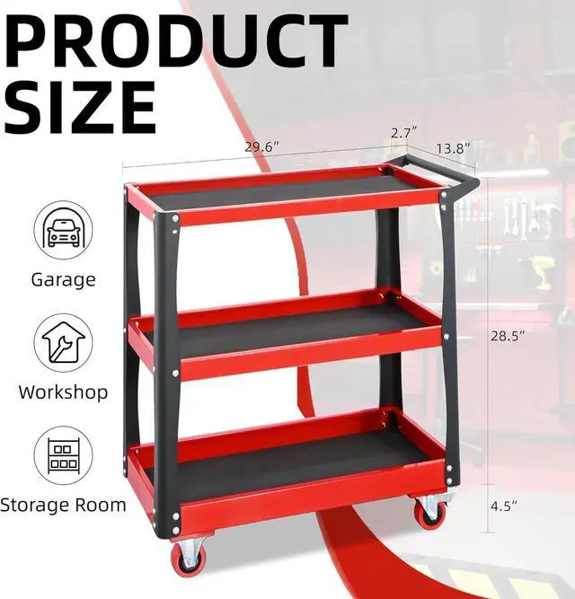 Alt view image 3 of 7 - 3 Tier Tool Cart with Wheels, Heavy-Duty Steel Utility Rolling Cart, 660 lbs Loading Capacity for Workshop, Garage, Warehouse, Repair Shop