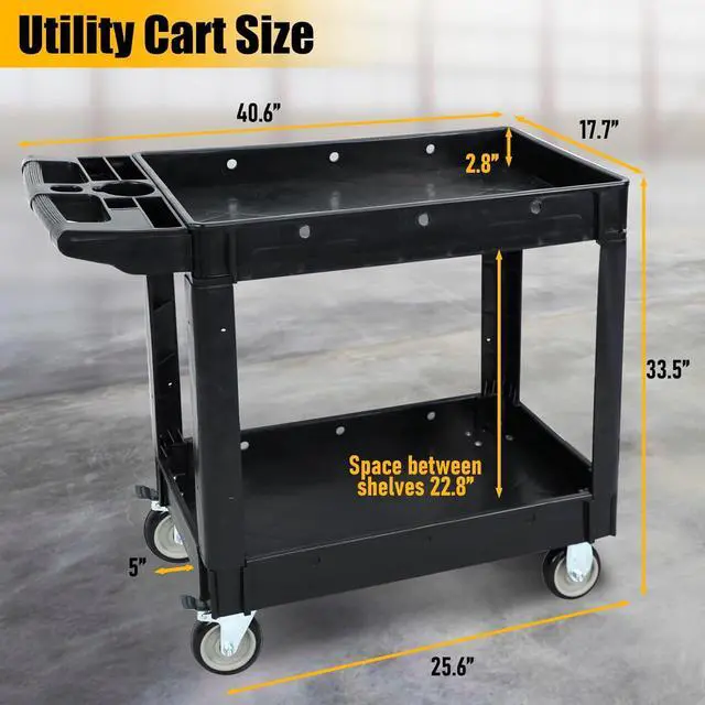 Alt view image 3 of 7 - Utility Rolling Tool Cart, 40 x 17-Inch Plastic Rolling Carts Huge Storage W/Deep 2-Shelf Heavy Duty Service Carts with Wheels,550 lbs Capacity Organizer for Garage,Warehouse,Workshop-Medium