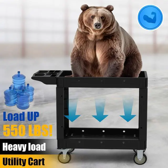 Alt view image 6 of 7 - Utility Rolling Tool Cart, 40 x 17-Inch Plastic Rolling Carts Huge Storage W/Deep 2-Shelf Heavy Duty Service Carts with Wheels,550 lbs Capacity Organizer for Garage,Warehouse,Workshop-Medium