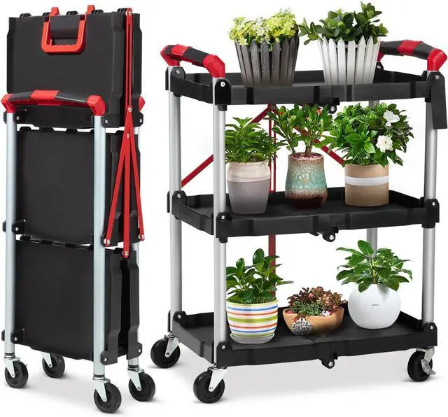 Main image of Collapsible C with Wheels, Service C, Rolling Cs with Wheels Foldable, 3 Tier Rolling Utility C, Folding Utility Shopping C for Bar, Kitchen, Office, Shopping, Garage