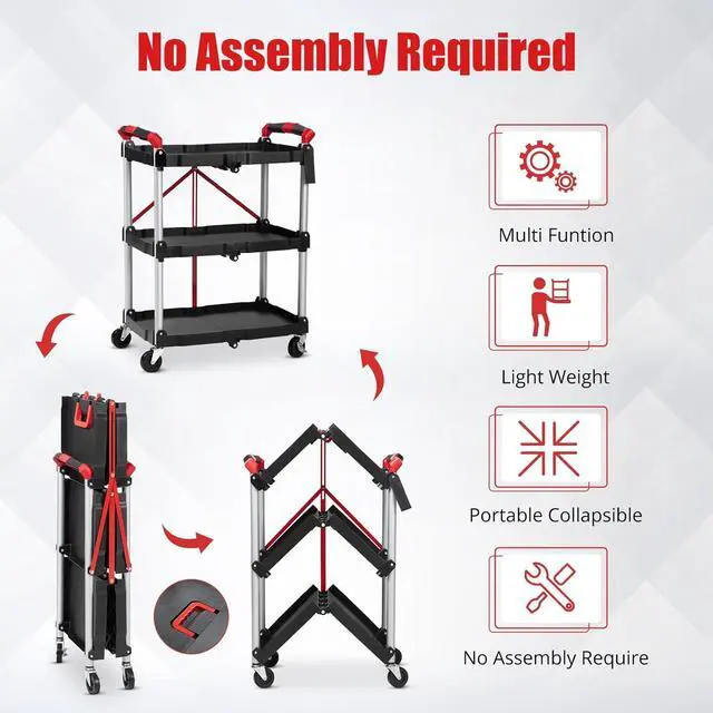 Alt view image 3 of 7 - Collapsible C with Wheels, Service C, Rolling Cs with Wheels Foldable, 3 Tier Rolling Utility C, Folding Utility Shopping C for Bar, Kitchen, Office, Shopping, Garage
