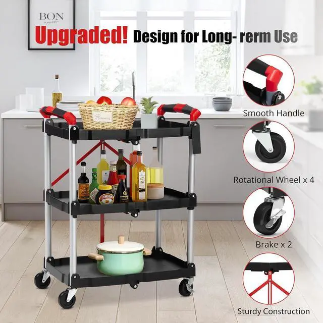 Alt view image 7 of 7 - Collapsible C with Wheels, Service C, Rolling Cs with Wheels Foldable, 3 Tier Rolling Utility C, Folding Utility Shopping C for Bar, Kitchen, Office, Shopping, Garage