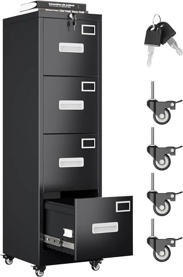 Main image of File Cabinet 4 Drawer with Wheels, Lockable Office Metal Filing Cabinet with Name Card for Office and Home,Assembly Required,Black