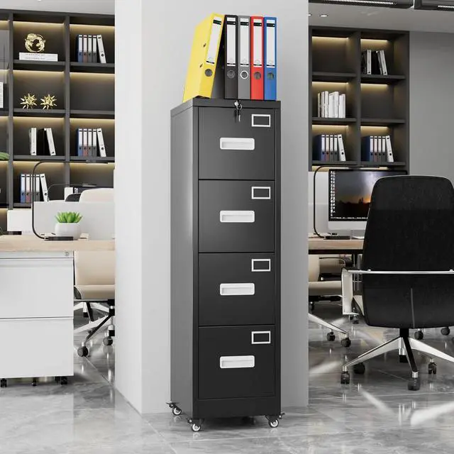 Alt view image 2 of 7 - File Cabinet 4 Drawer with Wheels, Lockable Office Metal Filing Cabinet with Name Card for Office and Home,Assembly Required,Black