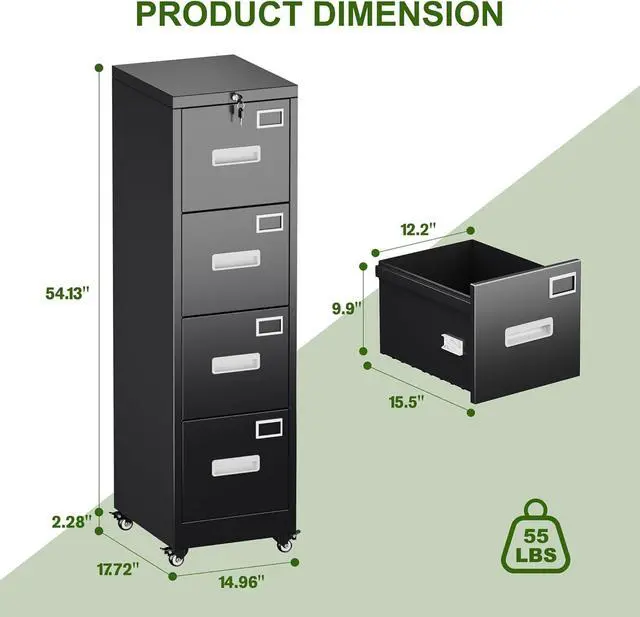 Alt view image 3 of 7 - File Cabinet 4 Drawer with Wheels, Lockable Office Metal Filing Cabinet with Name Card for Office and Home,Assembly Required,Black