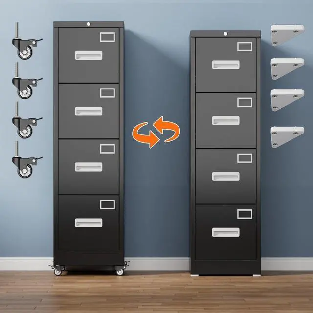 Alt view image 4 of 7 - File Cabinet 4 Drawer with Wheels, Lockable Office Metal Filing Cabinet with Name Card for Office and Home,Assembly Required,Black