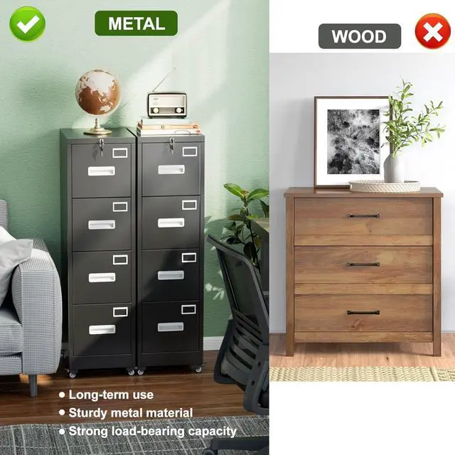 Alt view image 5 of 7 - File Cabinet 4 Drawer with Wheels, Lockable Office Metal Filing Cabinet with Name Card for Office and Home,Assembly Required,Black