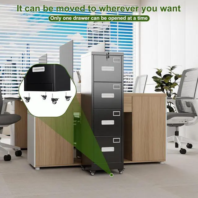 Alt view image 7 of 7 - File Cabinet 4 Drawer with Wheels, Lockable Office Metal Filing Cabinet with Name Card for Office and Home,Assembly Required,Black
