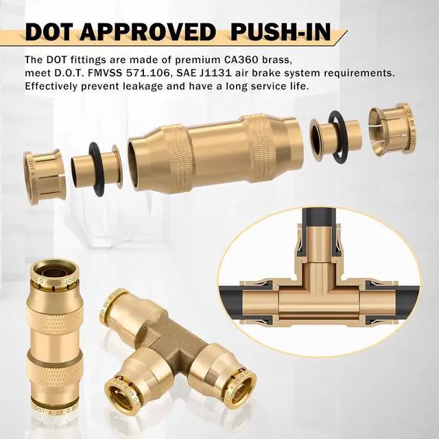 Alt view image 3 of 7 - 35 PCS Brass DOT Air Line Fittings Kit 1/4 3/8 1/2 DOT Quick Connect Air Fittings Straight & Tee Union Push to Connect Air Hose Fittings for Semi Truck Trailers Air Brake System