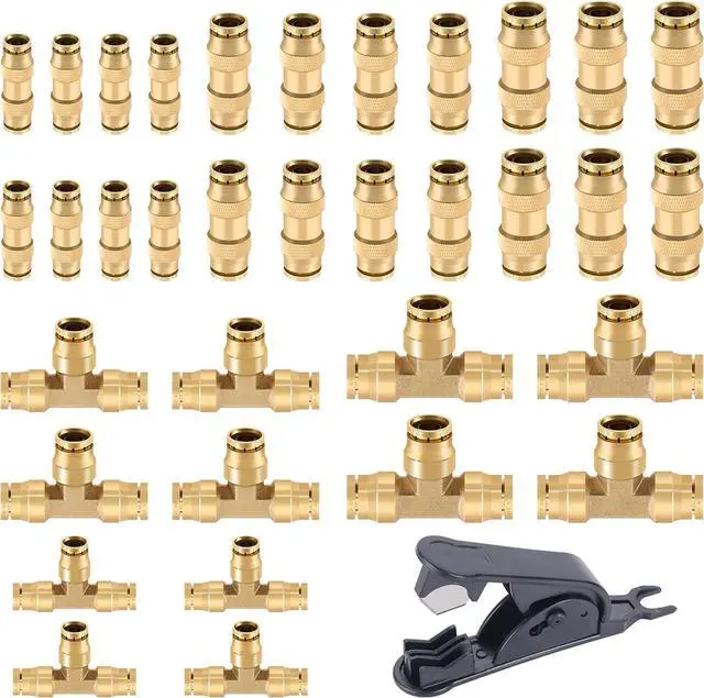 Main image of 35 PCS Brass DOT Air Line Fittings Kit 1/4 3/8 1/2 DOT Quick Connect Air Fittings Straight & Tee Union Push to Connect Air Hose Fittings for Semi Truck Trailers Air Brake System