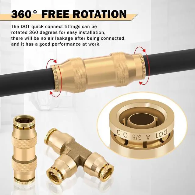 Alt view image 4 of 7 - 35 PCS Brass DOT Air Line Fittings Kit 1/4 3/8 1/2 DOT Quick Connect Air Fittings Straight & Tee Union Push to Connect Air Hose Fittings for Semi Truck Trailers Air Brake System