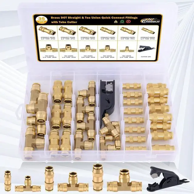 Alt view image 2 of 7 - 35 PCS Brass DOT Air Line Fittings Kit 1/4 3/8 1/2 DOT Quick Connect Air Fittings Straight & Tee Union Push to Connect Air Hose Fittings for Semi Truck Trailers Air Brake System