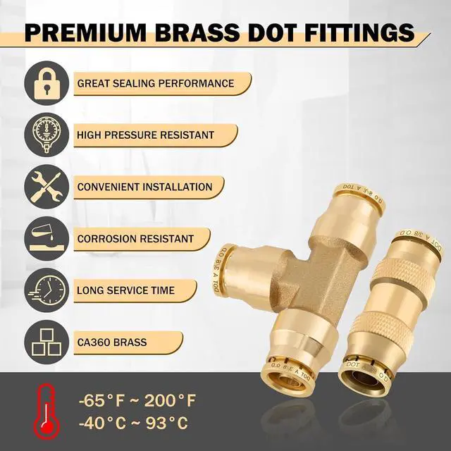 Alt view image 5 of 7 - 35 PCS Brass DOT Air Line Fittings Kit 1/4 3/8 1/2 DOT Quick Connect Air Fittings Straight & Tee Union Push to Connect Air Hose Fittings for Semi Truck Trailers Air Brake System