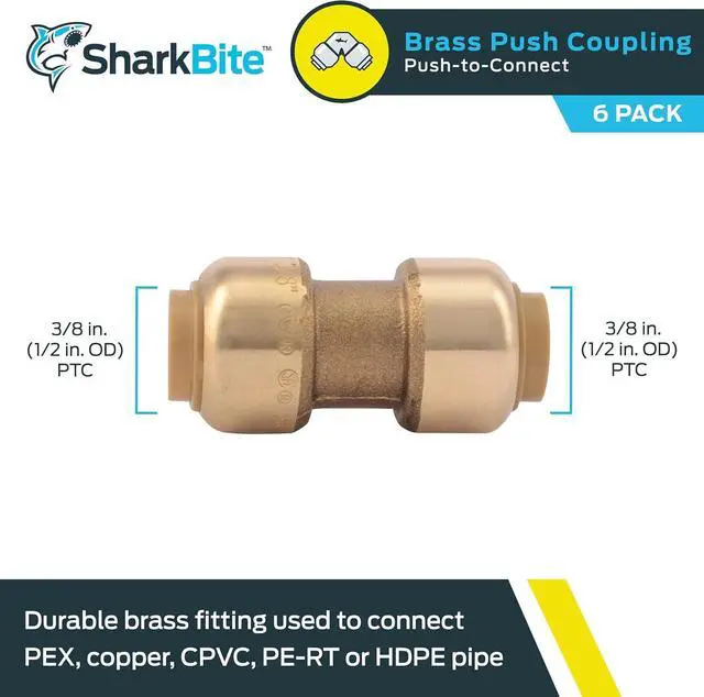 Alt view image 2 of 5 - 3/8 inch Coupling, Pack of 6, Push to Connect Brass Plumbing Fitting, PEX Pipe, Copper, CPVC, PE-RT, HDPE, U006LF
