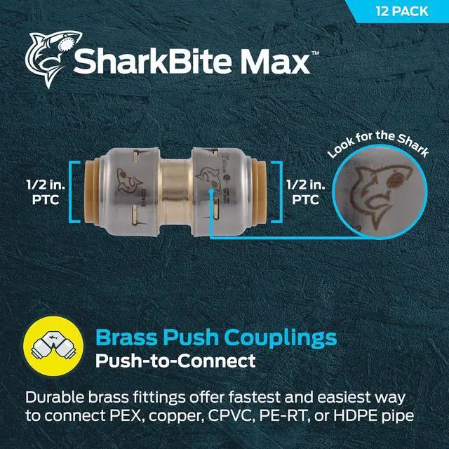Alt view image 2 of 6 - Max 1/2 Inch Coupling, Pack of 12, Push to Connect Brass Plumbing Fitting, PEX Pipe, Copper, CPVC, PE-RT, HDPE, UR008