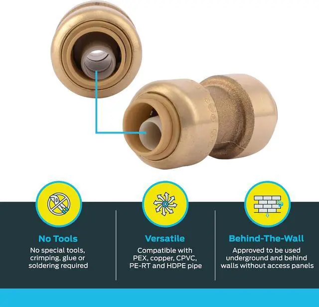 Alt view image 3 of 5 - 3/8 inch Coupling, Pack of 6, Push to Connect Brass Plumbing Fitting, PEX Pipe, Copper, CPVC, PE-RT, HDPE, U006LF