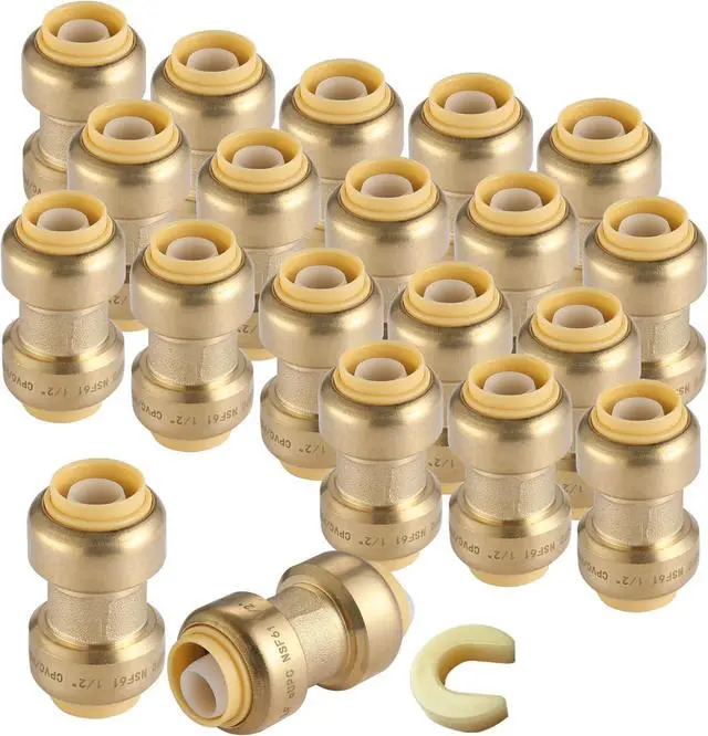 Main image of 20 Pack 3/4 Inch Pushfit Straight Coupling, PEX Brass Push-fit Coupling with Disconnect Clip, Push-to-Connect Plumbing Fittings for PEX, Copper, CPVC