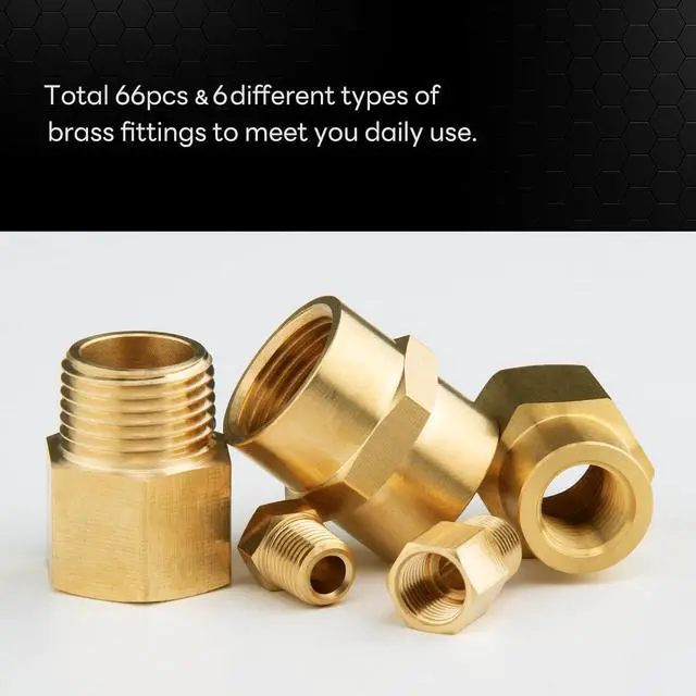 Alt view image 3 of 7 - 66pcs Brass Pipe Fittings Assortment NPT Adapter Fitting, Reducer Bushing, Hex Nipple, Reducing Hex Coupling, Pipe Head Brass Plug Kit
