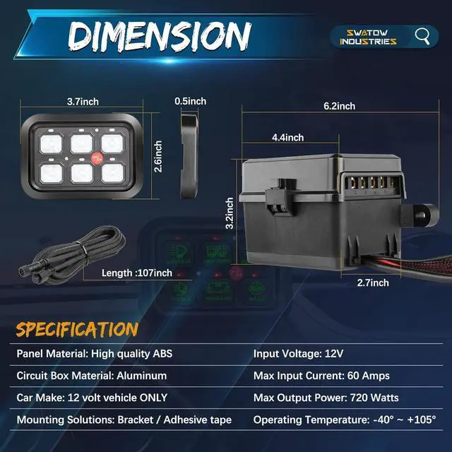 Alt view image 2 of 7 - 6 Gang Switch Panel Momentary Dimmable Switch Pods 6 Gangs Multifunction Switch Panel Built in Solid State Relay System Box for Car Truck Pickup Wrangler SUV UTV ATV