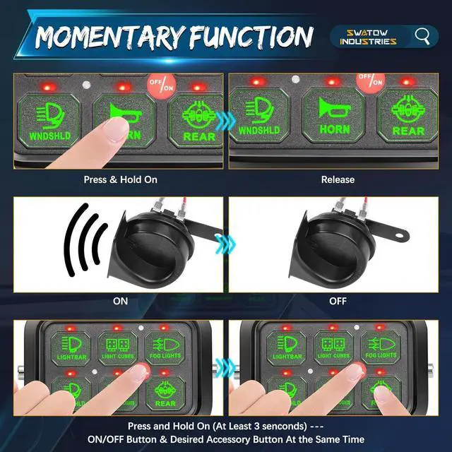 Alt view image 7 of 7 - 6 Gang Switch Panel Momentary Dimmable Switch Pods 6 Gangs Multifunction Switch Panel Built in Solid State Relay System Box for Car Truck Pickup Wrangler SUV UTV ATV