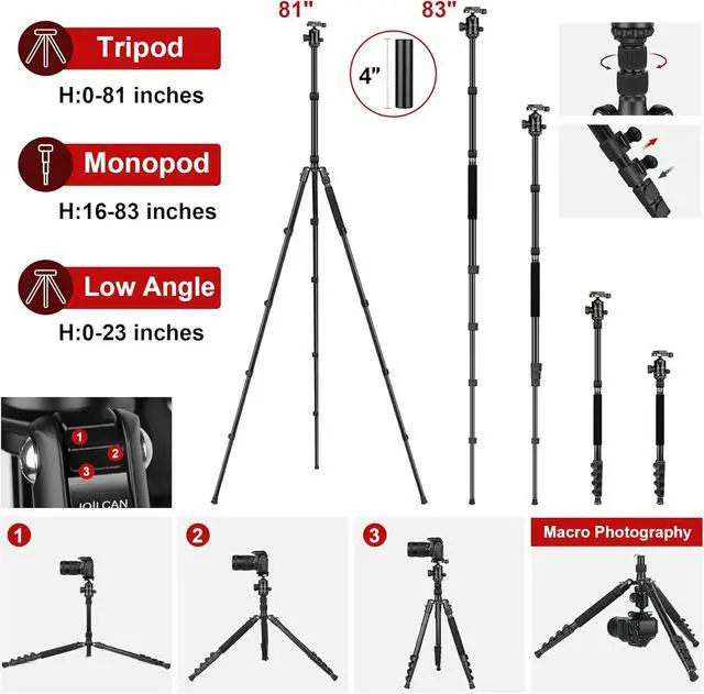 Alt view image 2 of 7 - Tripod for Camera, 81" Camera Tripod Stand, 83 inch DSLR Tripods & Monopods, Aluminum Heavy Duty Tripod for Binocular Spotting Scope Telescope Phone