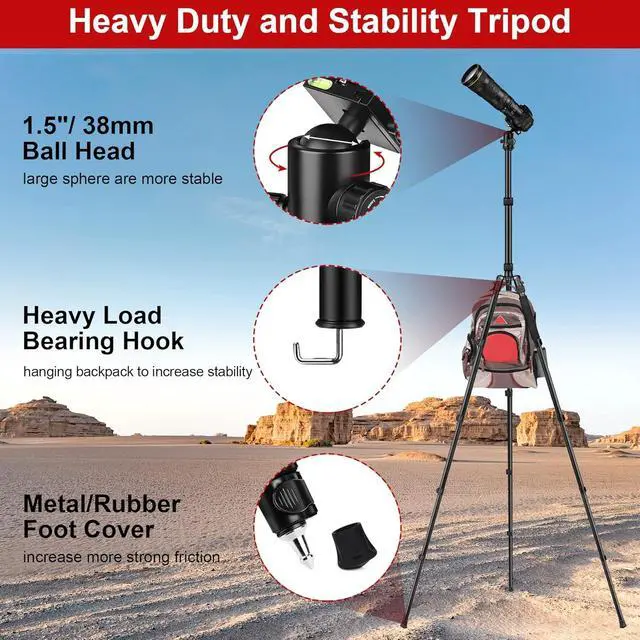 Alt view image 3 of 7 - Tripod for Camera, 81" Camera Tripod Stand, 83 inch DSLR Tripods & Monopods, Aluminum Heavy Duty Tripod for Binocular Spotting Scope Telescope Phone