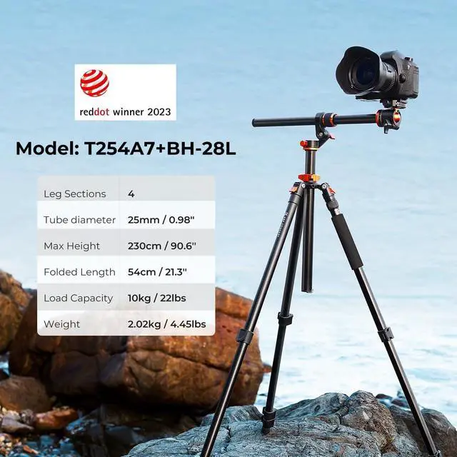 Alt view image 2 of 6 - 90''/230cm Ultra High Camera Tripod,Horizontal Overhead Shooting Travel Tripods with Metal Ball Head 10KG Load Capacity,Detachable Monopod, for Indoor and Outdoor Use T254A7+BH-28L