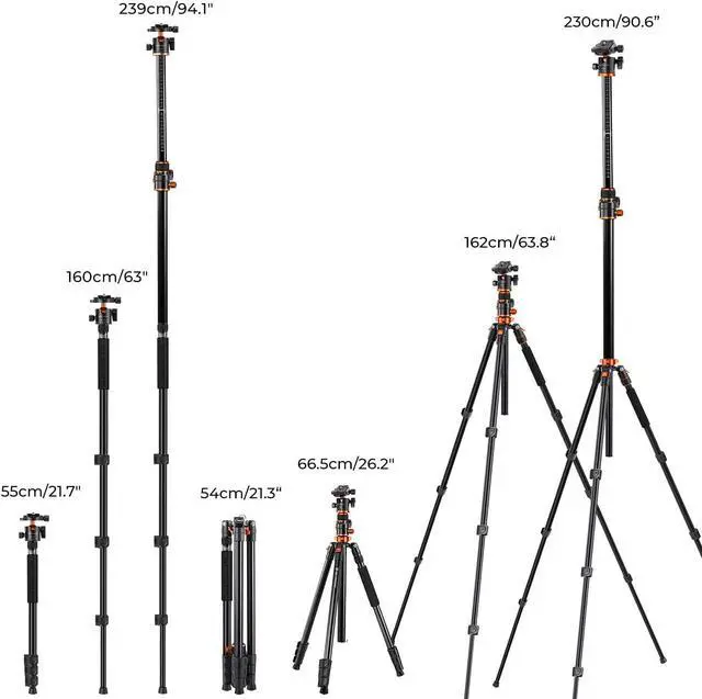 Alt view image 6 of 6 - 90''/230cm Ultra High Camera Tripod,Horizontal Overhead Shooting Travel Tripods with Metal Ball Head 10KG Load Capacity,Detachable Monopod, for Indoor and Outdoor Use T254A7+BH-28L