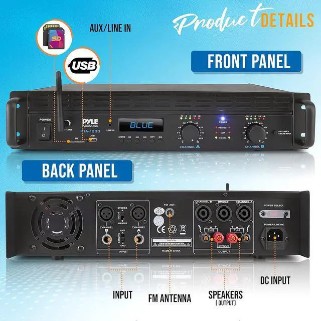 Alt view image 2 of 7 - 2-Channel Bluetooth Power Amplifier- 2000W Bridgeable Rack Mount Pro Audio Sound Wireless Home Stereo Receiver w/TRS XLR Input,LCD,Bridge Mode,Cooling Fan,Entertainment Speaker System- PTA1000BT