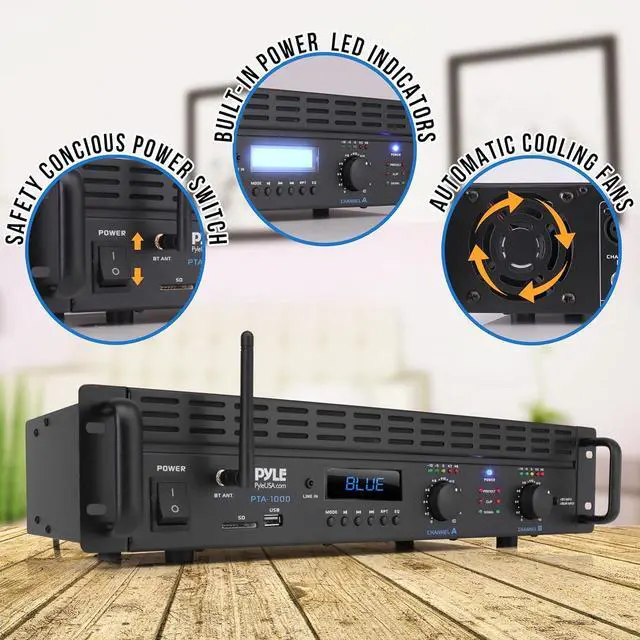 Alt view image 5 of 7 - 2-Channel Bluetooth Power Amplifier- 2000W Bridgeable Rack Mount Pro Audio Sound Wireless Home Stereo Receiver w/TRS XLR Input,LCD,Bridge Mode,Cooling Fan,Entertainment Speaker System- PTA1000BT