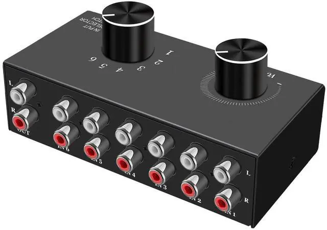 Main image of 6-Channel RCA Audio Switcher 6 Input-1Output Audio Selector Passive Stereo Selector Box Compatible Home Theater, HDTV, Amplifiers, Hi-Fi Systems, Speakers etc.