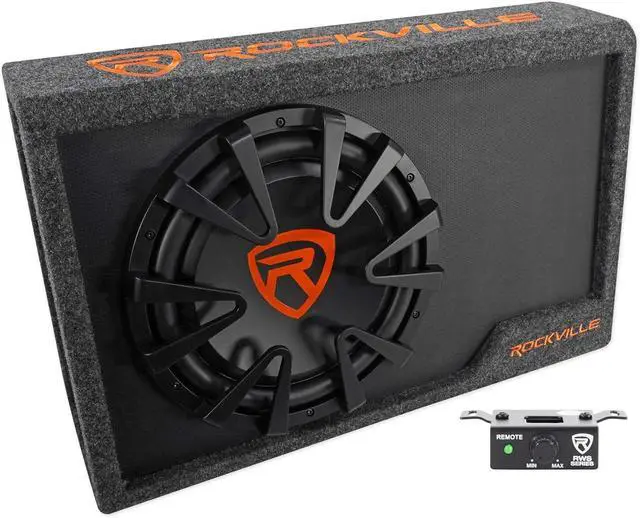 Main image of RWS12CA 1200W 12" Amplified Powered Car Subwoofer Enclosure, 4 Ohm, Slim Design, Built-in Amplifier, Remote Bass Control, for Cars, Trucks & SUVs
