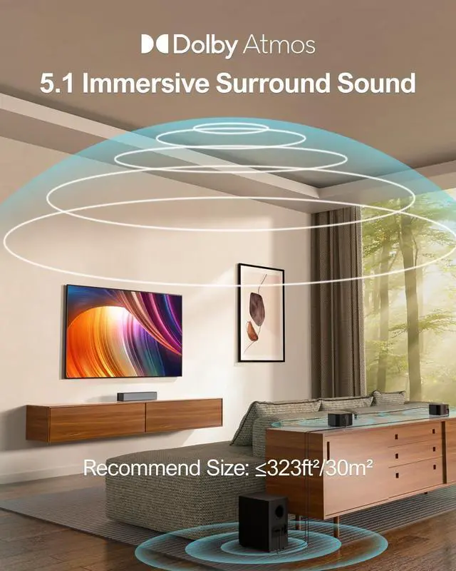 Alt view image 2 of 7 - 5.1 Sound Bar Compatible with Dolby Atmos, Peak Power 410W, Sound Bar for Smart TV with Subwoofer, 3D Surround Sound System for TV, Surround and Bass Adjustable Home Theater, Poseidon D60