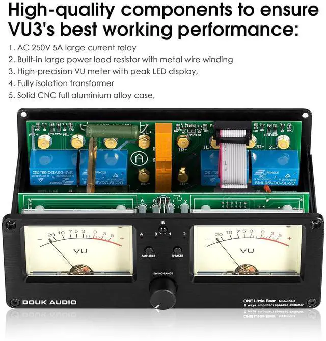 Alt view image 7 of 7 - VU3 Dual Analog VU Meter, 2-Way Amplifier/Speaker Switch, Audio Switcher Box with DB Panel Display
