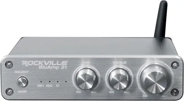 Alt view image 3 of 7 - BLUAMP 21 Silver 2.1 Channel Bluetooth 5.1 Amplifier Receiver, 200W Peak/150W RMS, RCA/AUX Inputs, Passive Subwoofer Output, Compact Design for Home Audio