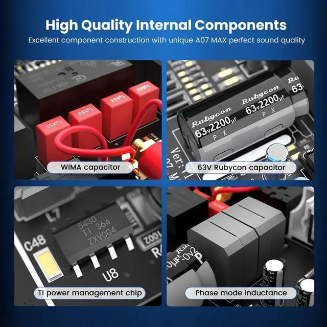 Alt view image 5 of 7 - A07 MAX 2 Channel Stereo Amplifier Home Audio 300W*2 TPA3255 Class D Power Amp/Bridgeable Mono Amplifier 600 Watt with 3.5mm Line Output for Passive Bookshelf Speakers+DC36V 6A Power Adapter