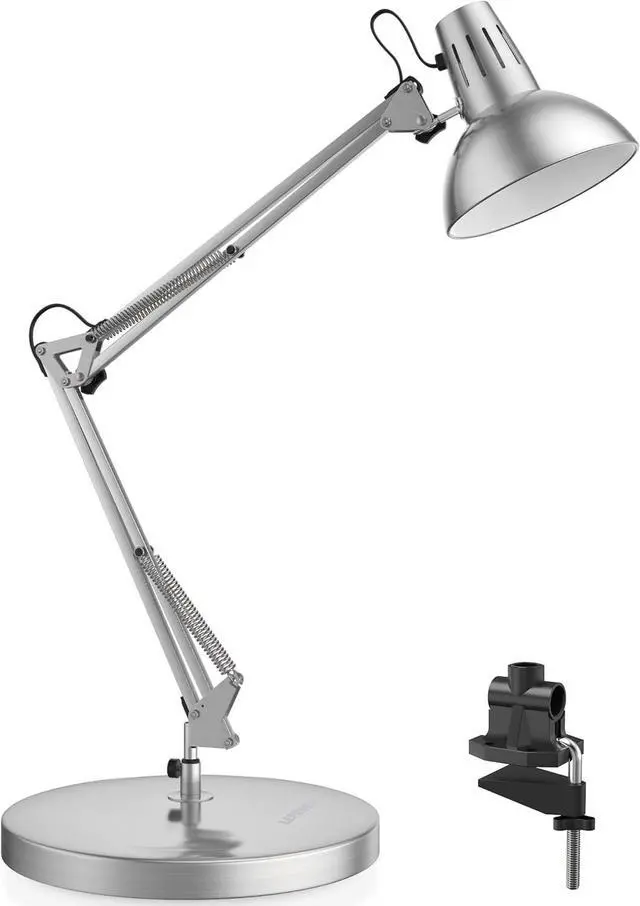 Main image of Metal Desk Lamp, Adjustable Goose Neck Architect Table Lamp with On/Off Switch, Swing Arm Desk Lamp with Clamp, Eye-Caring Reading Lamp for Bedroom, Study Room &Office (Silver)