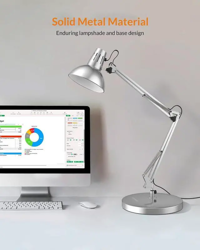 Alt view image 2 of 7 - Metal Desk Lamp, Adjustable Goose Neck Architect Table Lamp with On/Off Switch, Swing Arm Desk Lamp with Clamp, Eye-Caring Reading Lamp for Bedroom, Study Room &Office (Silver)