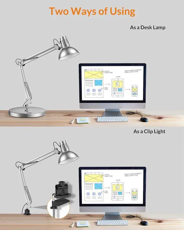 Alt view image 3 of 7 - Metal Desk Lamp, Adjustable Goose Neck Architect Table Lamp with On/Off Switch, Swing Arm Desk Lamp with Clamp, Eye-Caring Reading Lamp for Bedroom, Study Room &Office (Silver)