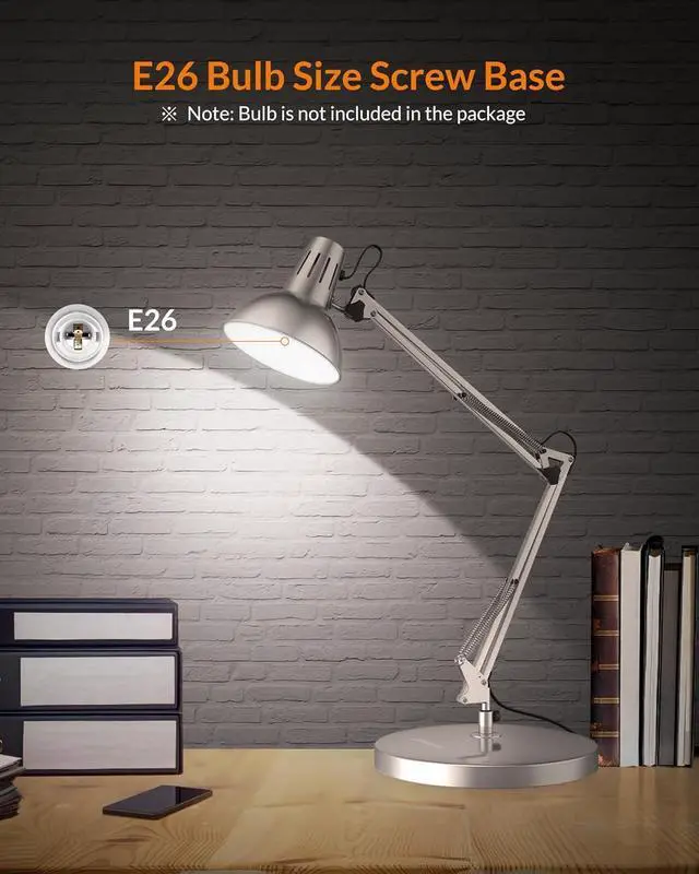 Alt view image 4 of 7 - Metal Desk Lamp, Adjustable Goose Neck Architect Table Lamp with On/Off Switch, Swing Arm Desk Lamp with Clamp, Eye-Caring Reading Lamp for Bedroom, Study Room &Office (Silver)