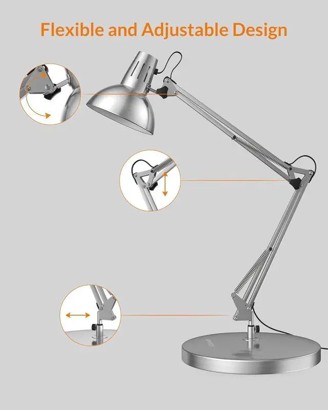 Alt view image 6 of 7 - Metal Desk Lamp, Adjustable Goose Neck Architect Table Lamp with On/Off Switch, Swing Arm Desk Lamp with Clamp, Eye-Caring Reading Lamp for Bedroom, Study Room &Office (Silver)