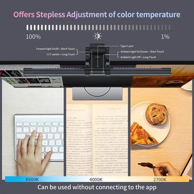 Alt view image 6 of 7 - Monitor Light Bar, USB Reading LED Task Lamp with Touch Control, No Screen Glare Dimmable Desk Lamp Computer Monitor Light Bar for Screen Home Office,Work with Alexa and Google Assistant