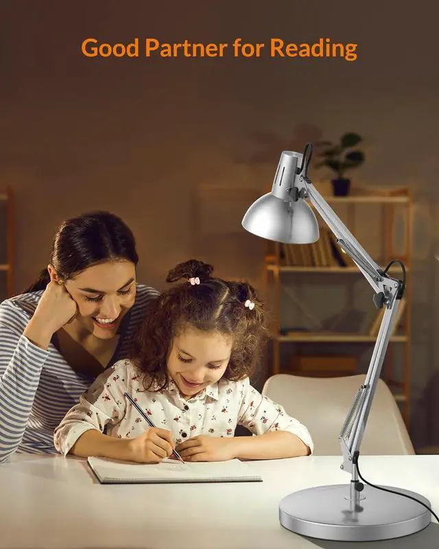 Alt view image 5 of 7 - Metal Desk Lamp, Adjustable Goose Neck Architect Table Lamp with On/Off Switch, Swing Arm Desk Lamp with Clamp, Eye-Caring Reading Lamp for Bedroom, Study Room &Office (Silver)