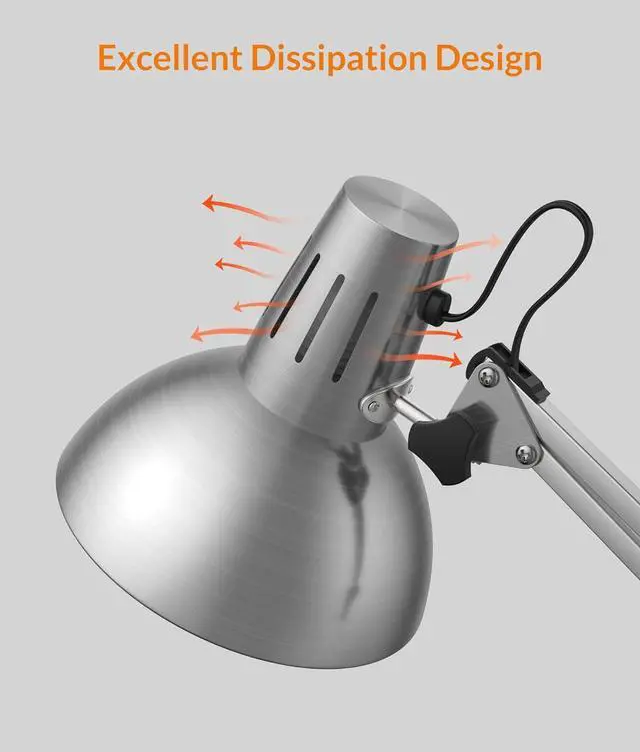 Alt view image 7 of 7 - Metal Desk Lamp, Adjustable Goose Neck Architect Table Lamp with On/Off Switch, Swing Arm Desk Lamp with Clamp, Eye-Caring Reading Lamp for Bedroom, Study Room &Office (Silver)