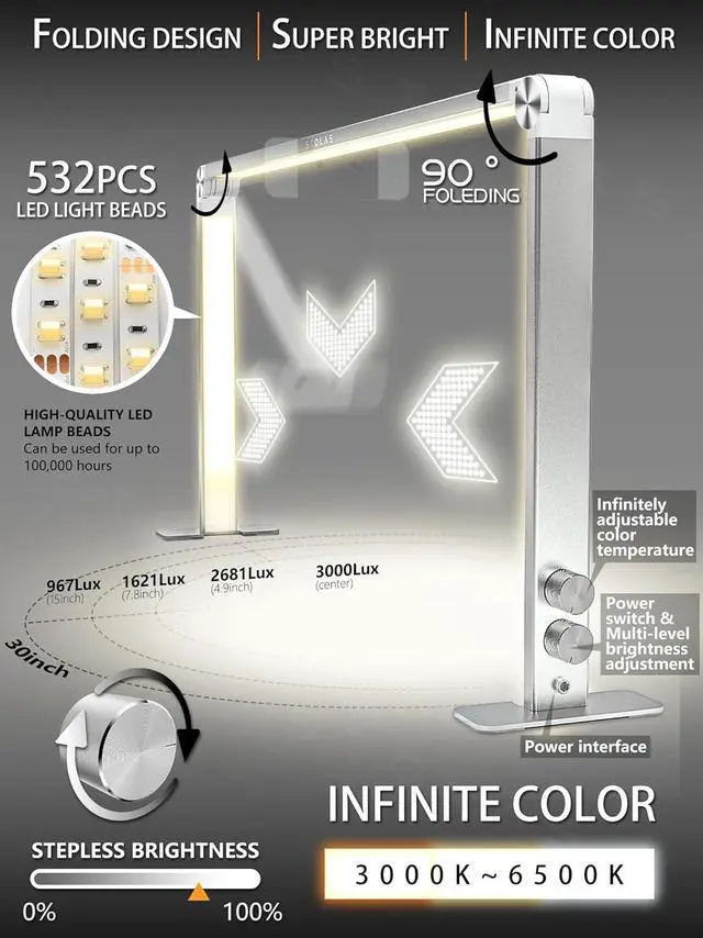 Alt view image 2 of 7 - Nail Tech Light, 15inch Height 4000-6000K Dimmable Nail Lamp for Desk, 3 Lighting Modes, LED Manicure Light, Model Building, Painting, Crafting-Silver