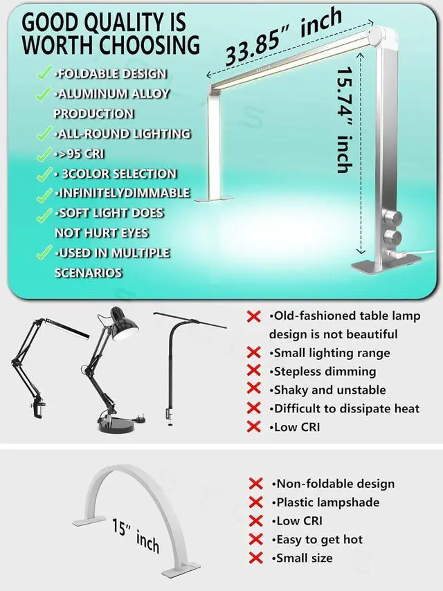 Alt view image 7 of 7 - Nail Tech Light, 15inch Height 4000-6000K Dimmable Nail Lamp for Desk, 3 Lighting Modes, LED Manicure Light, Model Building, Painting, Crafting-Silver